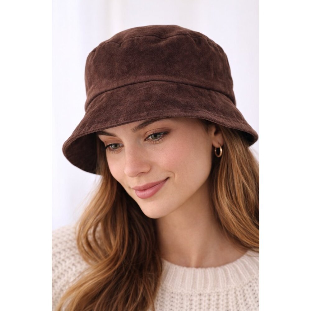 Vintage Genuine Leather Suede Bucket Hat Brown Unisex Lined Y2K - Picture 6 of 9